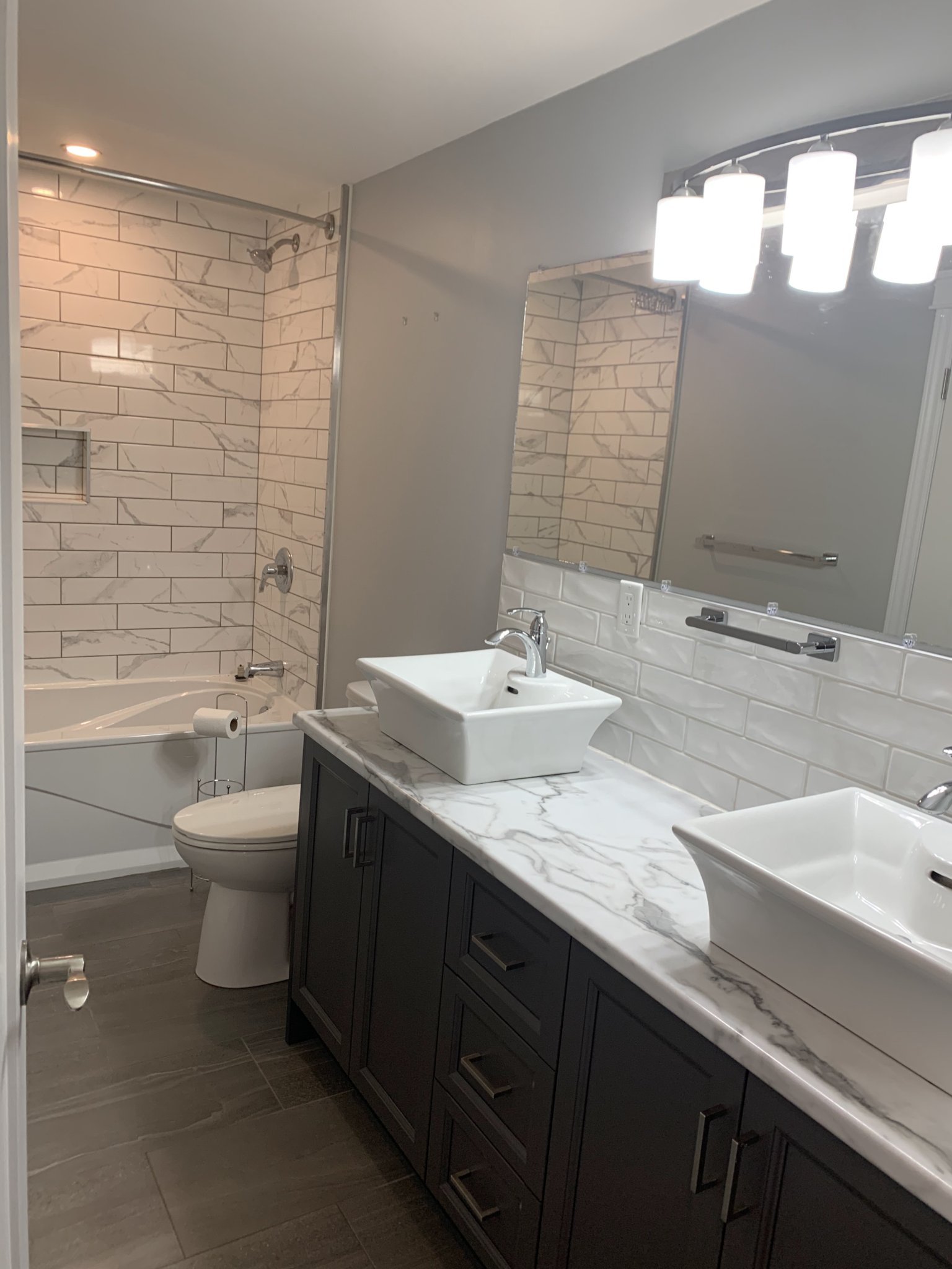 Renovated bathroom with double vanity