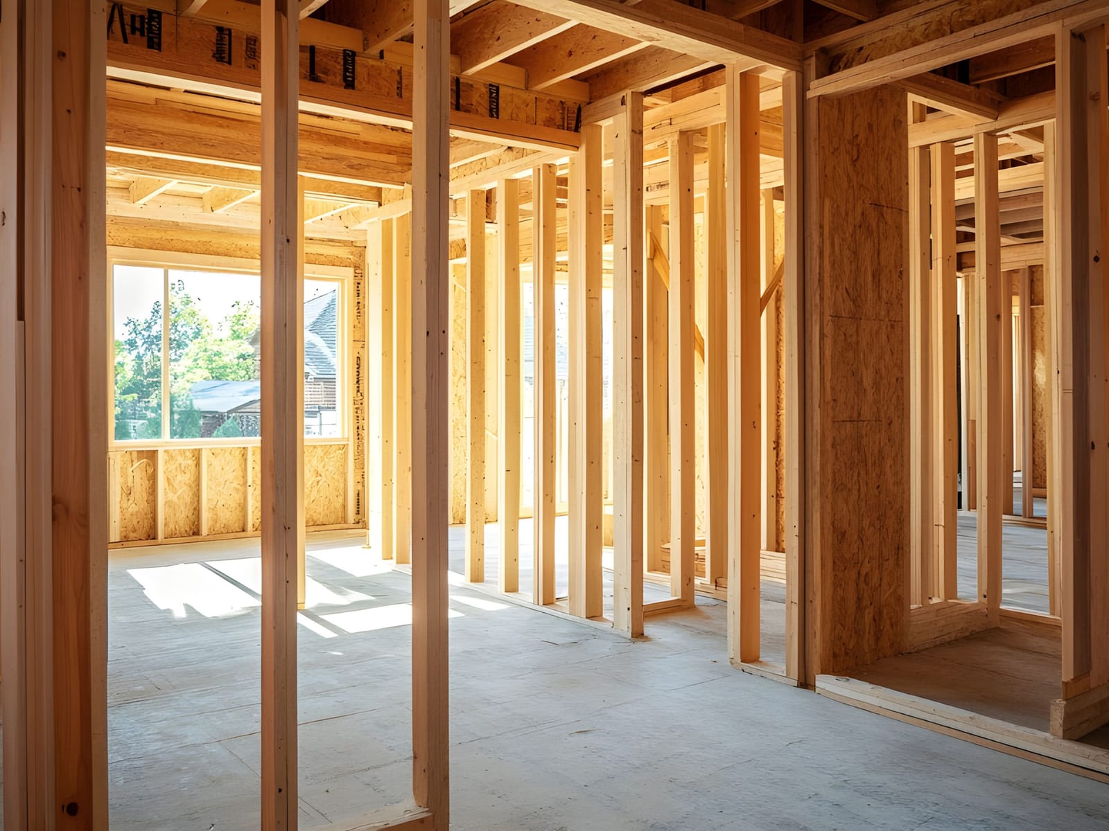 Sunlit interior of a new home at the framing stage, with stud walls laying out the rooms and doorways